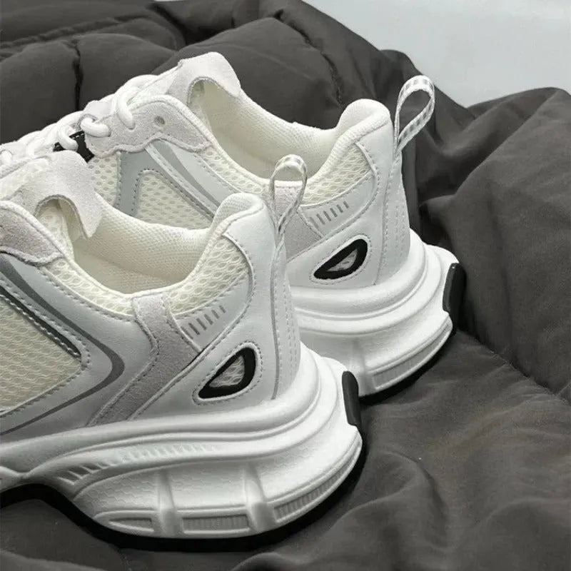 Beige mesh platform casual sports shoes with wedge heel and front lace-up design
