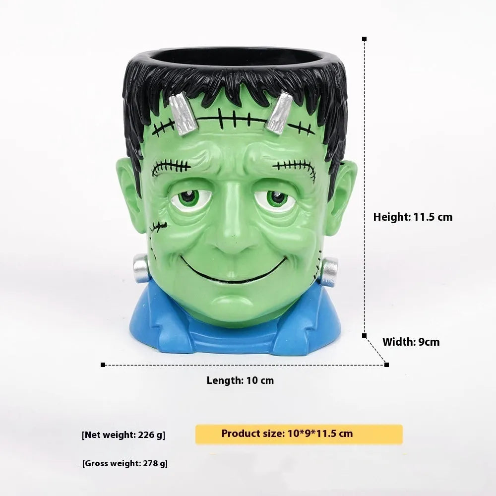 Hand-painted Halloween resin flower pot decorations showing Bandage Zombie, White Ghost, Frankenstein and Death designs.