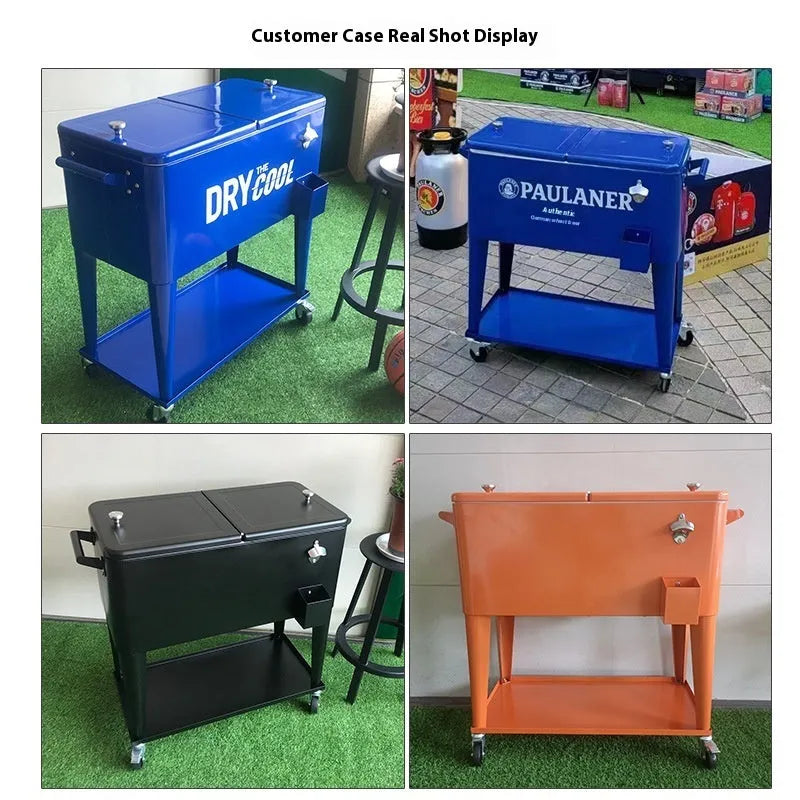 Red outdoor insulated picnic cart with metal frame and wheels for portable cooling