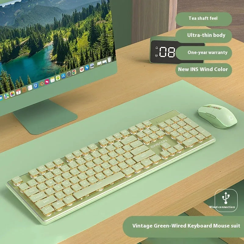 Prewalker V3 retro green coloured quiet keyboard and mouse set on a desk