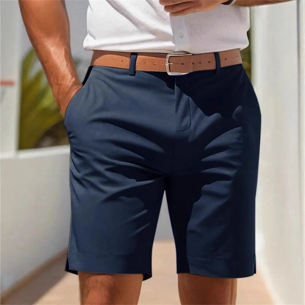 Men's light grey straight-leg polyester business suit shorts for summer casual wear.