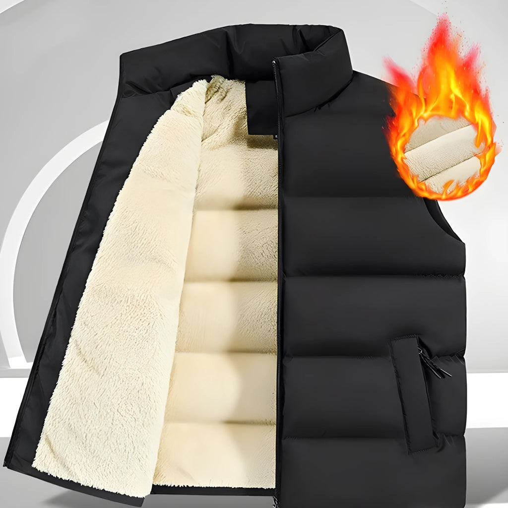 Men's striped lambswool vest or waistcoat in black, shown as a layering piece for winter.