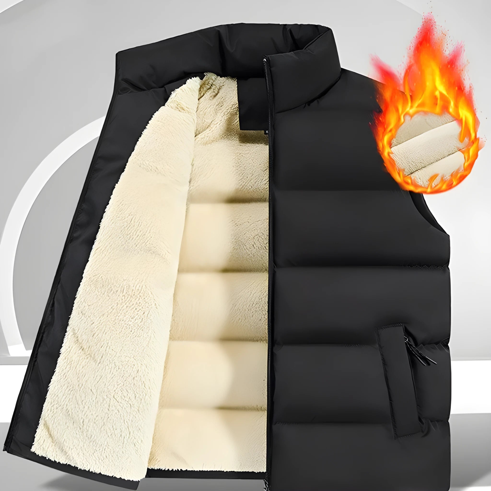 Men's striped lambswool vest or waistcoat in black, shown as a layering piece for winter.