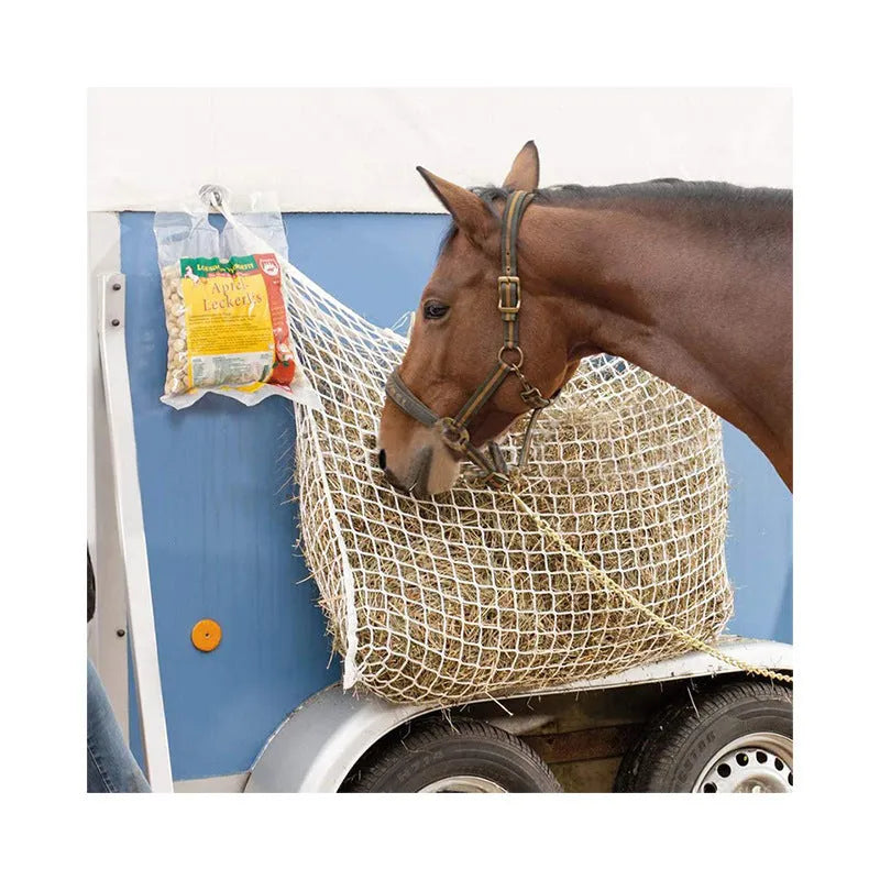 Woven black and white PE rope horse hanging feeding bag in various sizes for cattle and sheep.