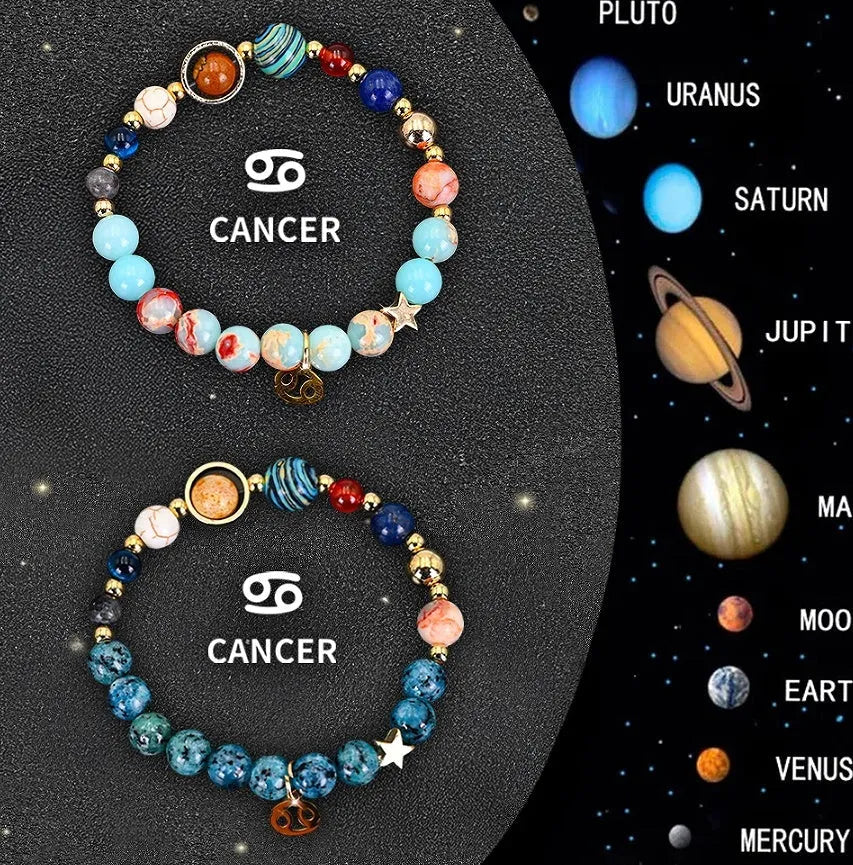 Set of two natural stone beaded bracelets showing zodiac sign charms on a wooden surface.