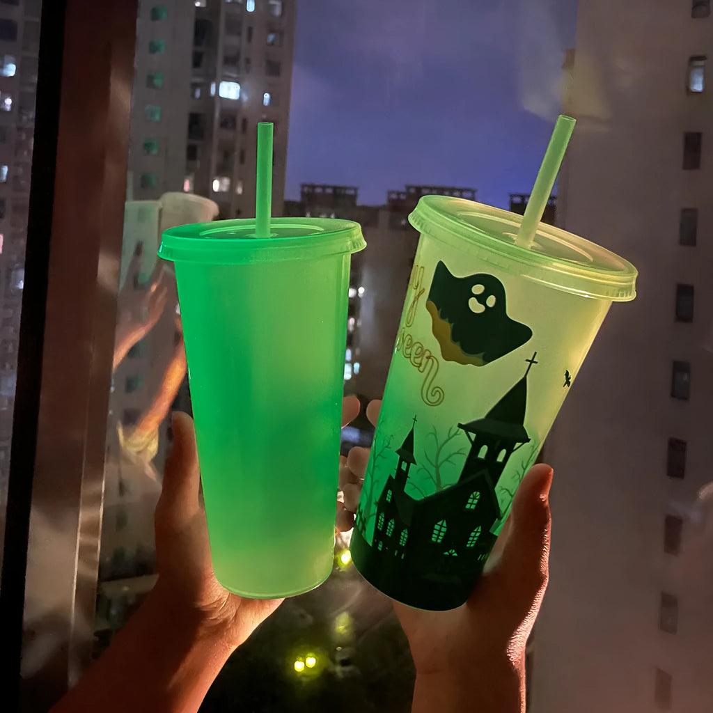 720ml Halloween luminous straw cup with cylindrical plastic design and built-in drinking straw