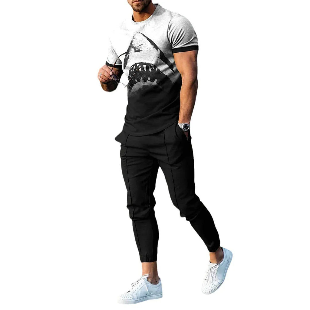 Men's short-sleeved round neck pullover and matching trousers sportswear set in polyester blend fabric