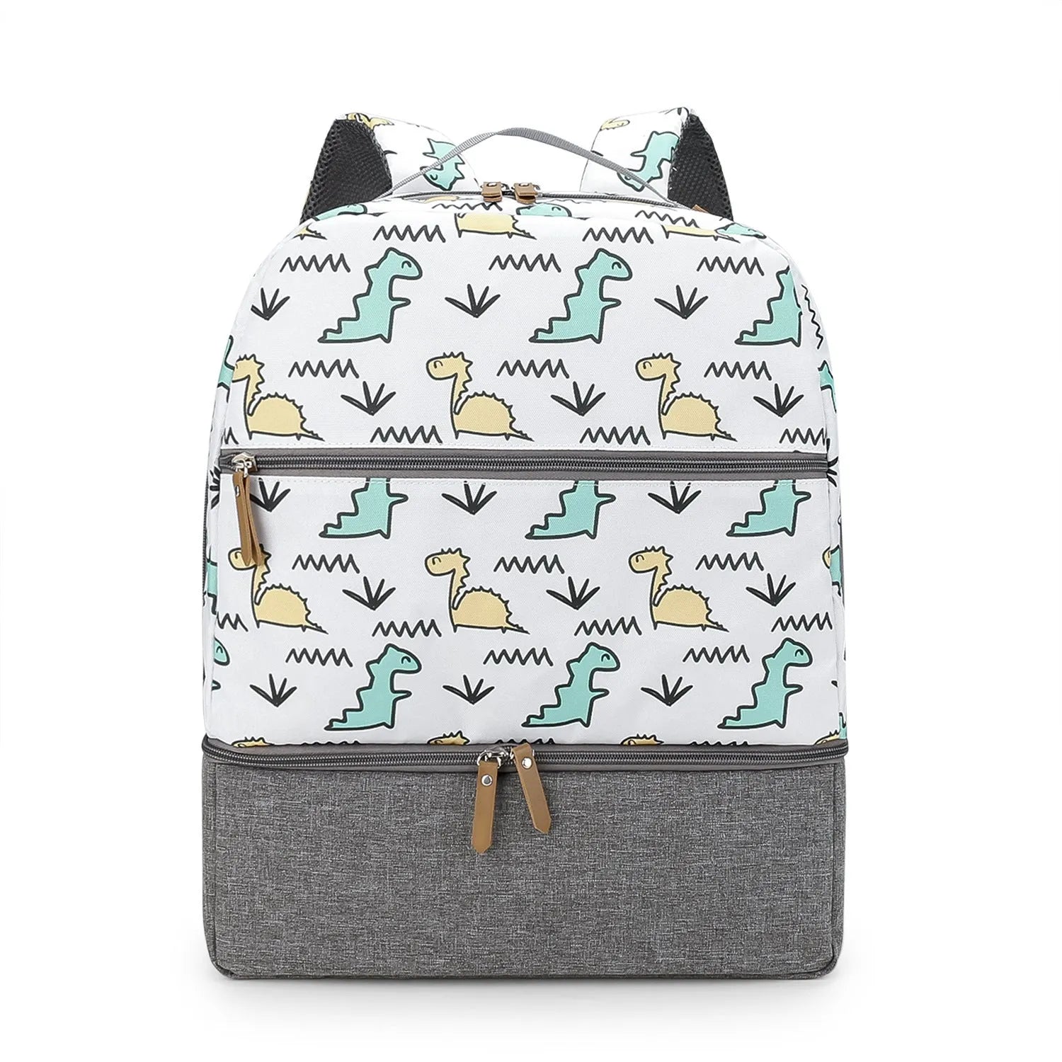 Grey insulated mother and child travel backpack with curved straps and multiple compartments.