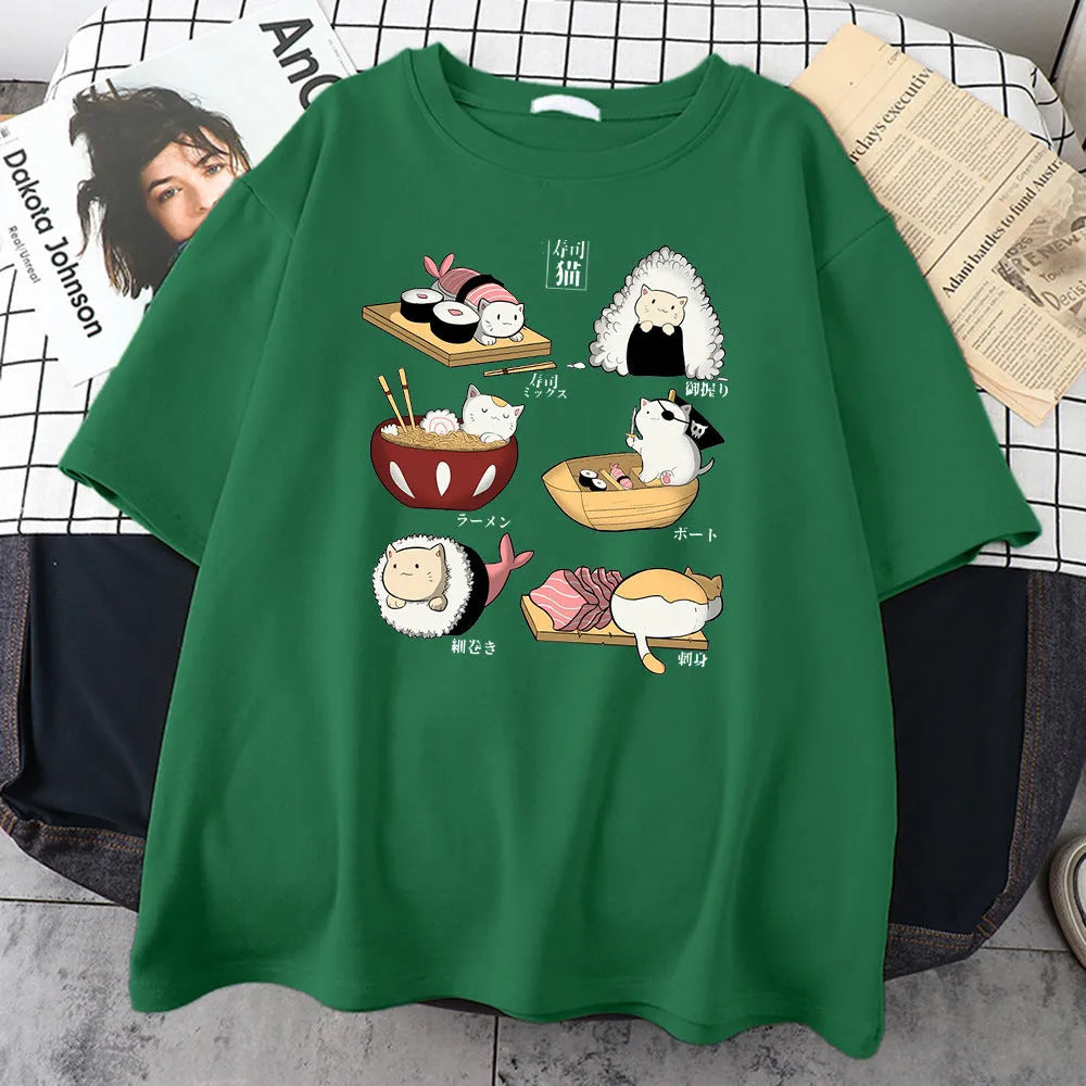 Men's loose fit cotton T-shirt with cat sushi cartoon print in multiple colour options