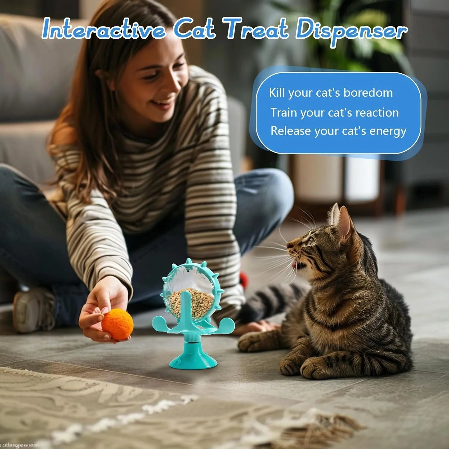 Interactive pet spinner toy with rotating feeder in blue, green, red, or yellow with suction cup base