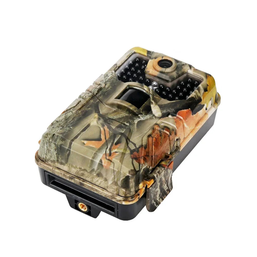 Camouflaged outdoor Bluetooth hunting camera with infrared LEDs for night vision.