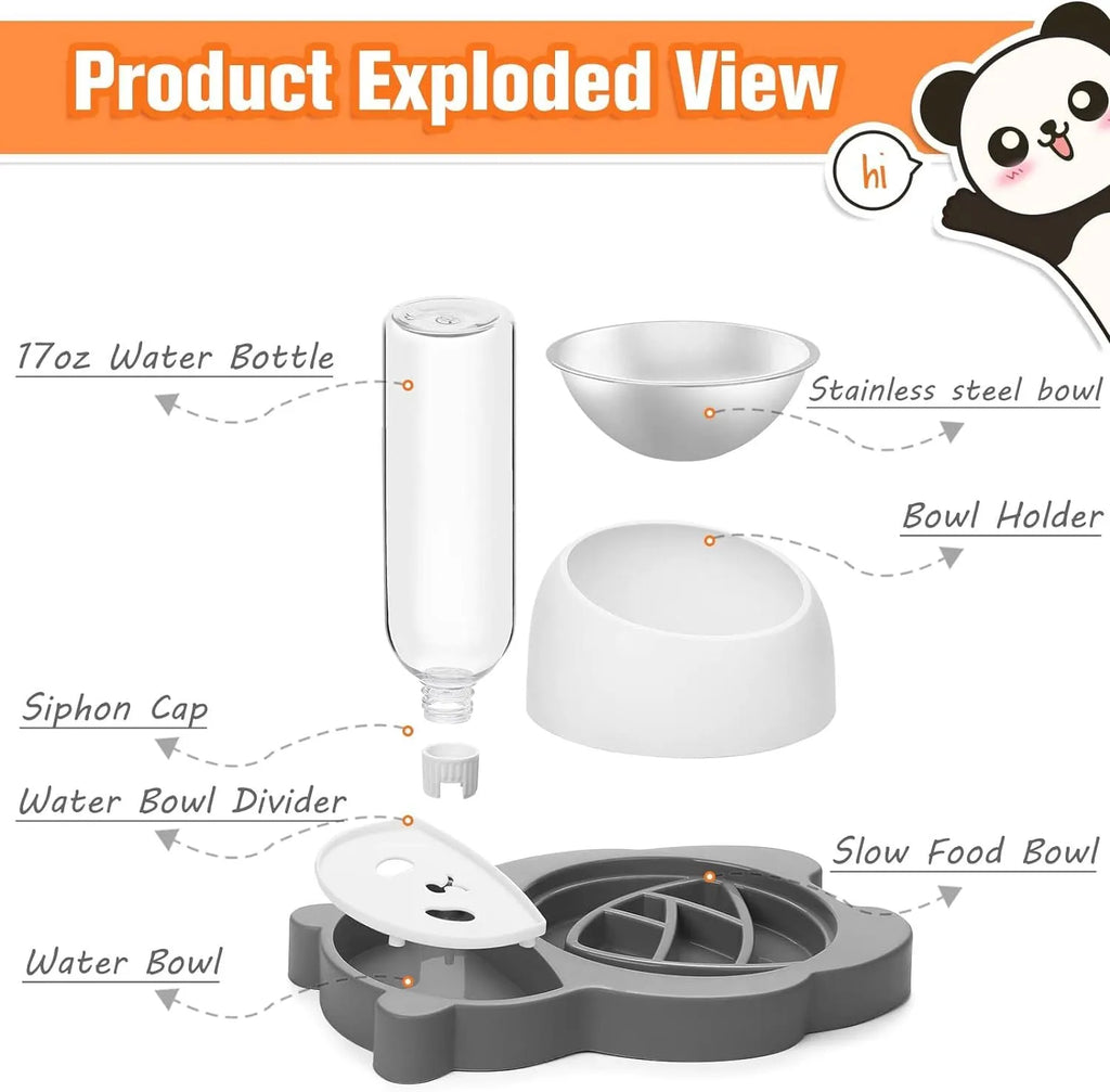 Grey panda-shaped pet feeder with tilted stainless steel bowls and a green automatic water bottle.