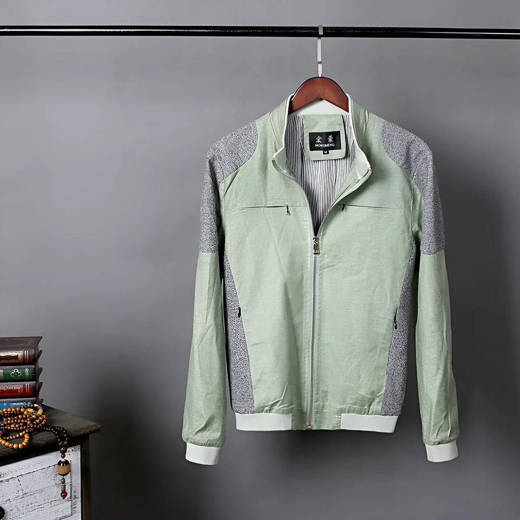 Men's heather grey casual linen jacket on a hanger, showing regular fit and thin cotton fabric.