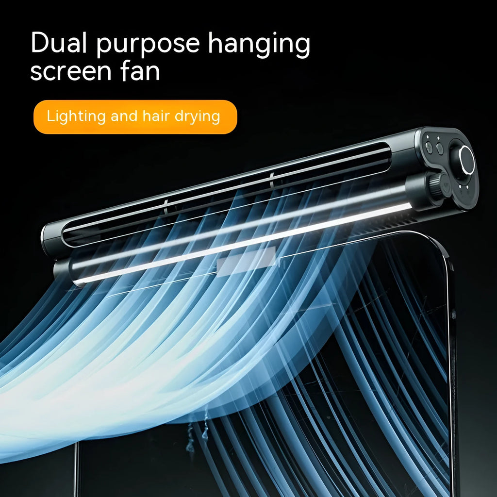 Black bladeless USB fan with clip attachment and integrated lighting lamp for computer screens
