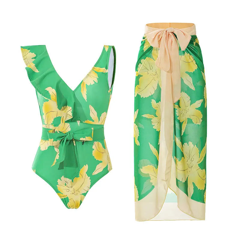 Women's solid colour one-piece swimsuit with removable skirt and spaghetti straps