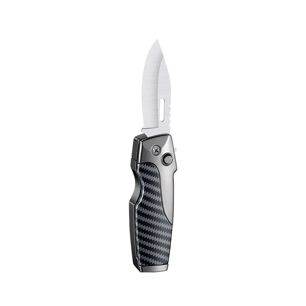 Metal folding lighter with an extended knife blade, shown in a black finish with wood grain texture.