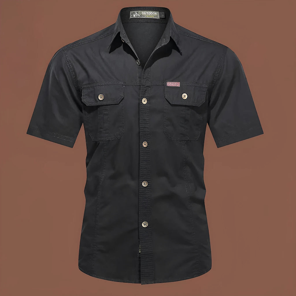 Men's loose fit cotton short sleeve work shirt in army green with non-iron treatment