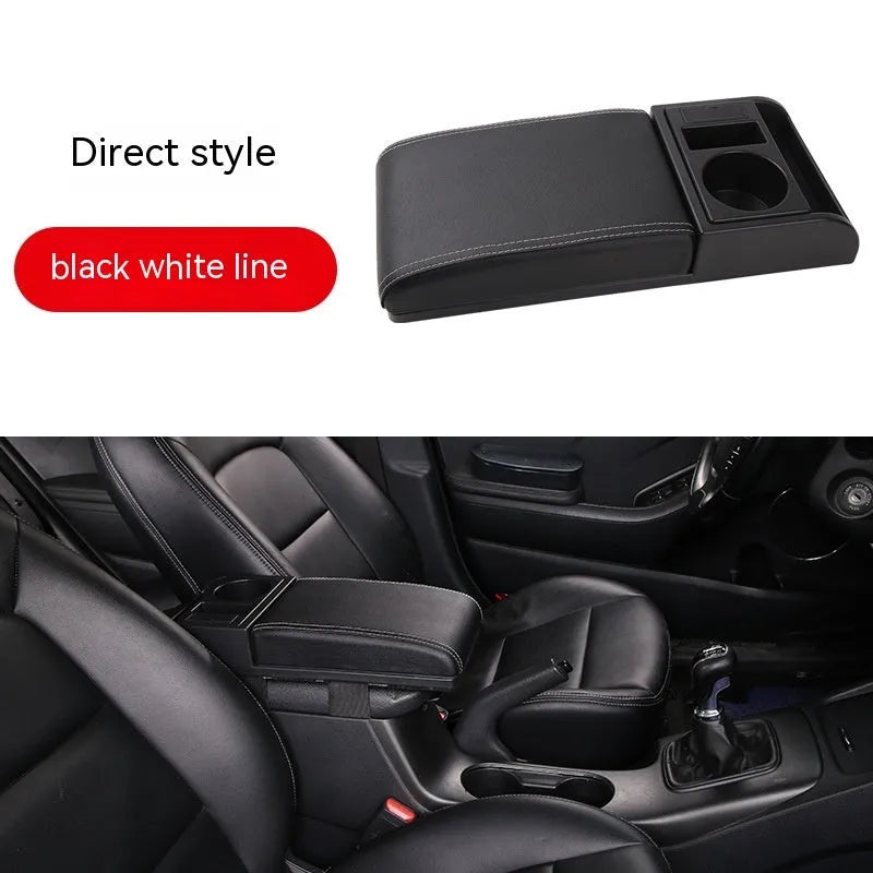 Universal automobile armrest cover with height adjustment in black PU leather finish