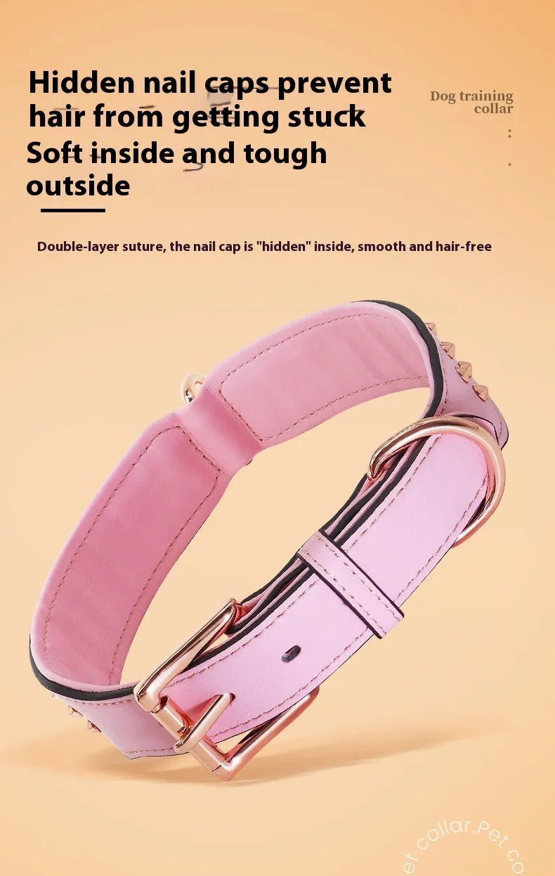 Leather dog collar with metal rivet studs in chocolate colour, shown on a size label.