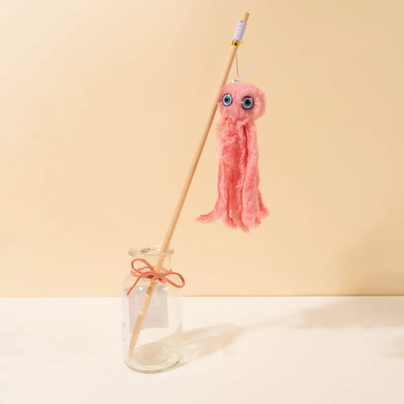 Octopus-themed cat toy on a long stick with bright colours, for interactive indoor play with kittens.
