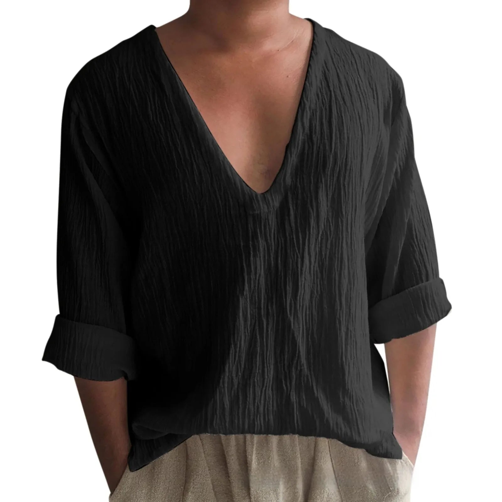 Men's long sleeve V-neck t-shirt in washed cotton fabric, shown in solid colour options.