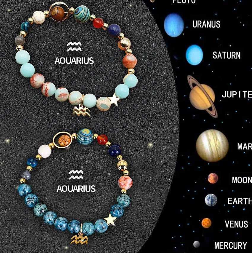 Set of two natural stone beaded bracelets showing zodiac sign charms on a wooden surface.