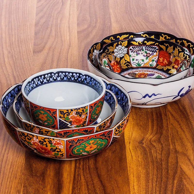 Japanese style ceramic bowl with retro peony pattern and underglaze surface finish