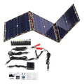 36W black foldable solar panel with charging accessories including car charger and cables