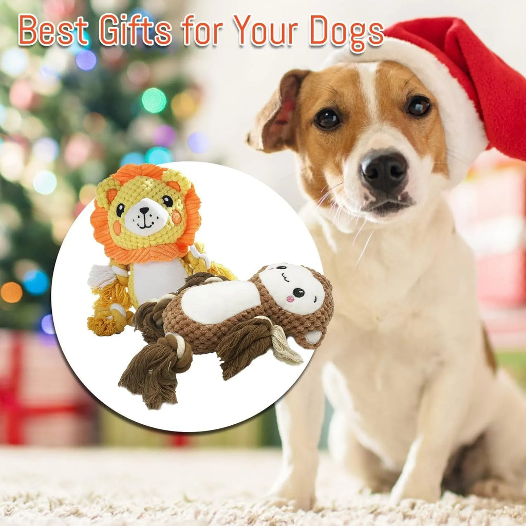 Monkey and lion plush squeaky dog toys bundle with stuffing-free construction for medium large dogs
