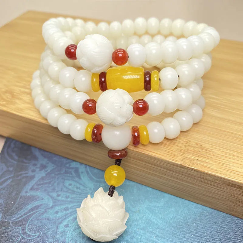 White Jade Bodhi bracelet with 108 beads showing three different style pattern options