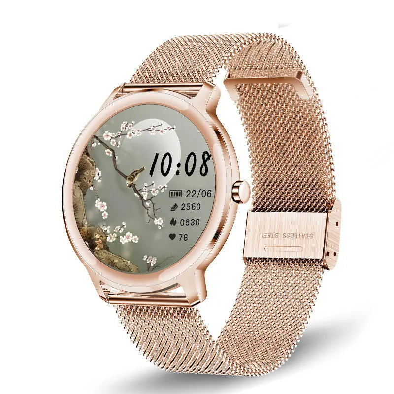Women's waterproof smart watch with 1.3 inch touchscreen and stainless steel mesh band in rose colour