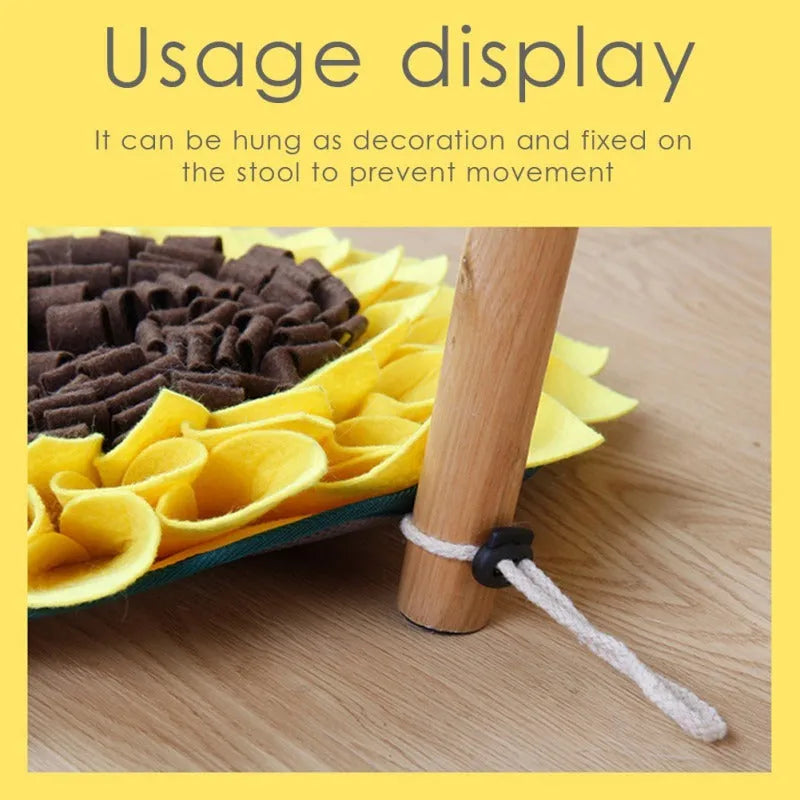 Yellow sunflower-shaped dog snuffle mat with rope and buckle for slow feeding and nosework training