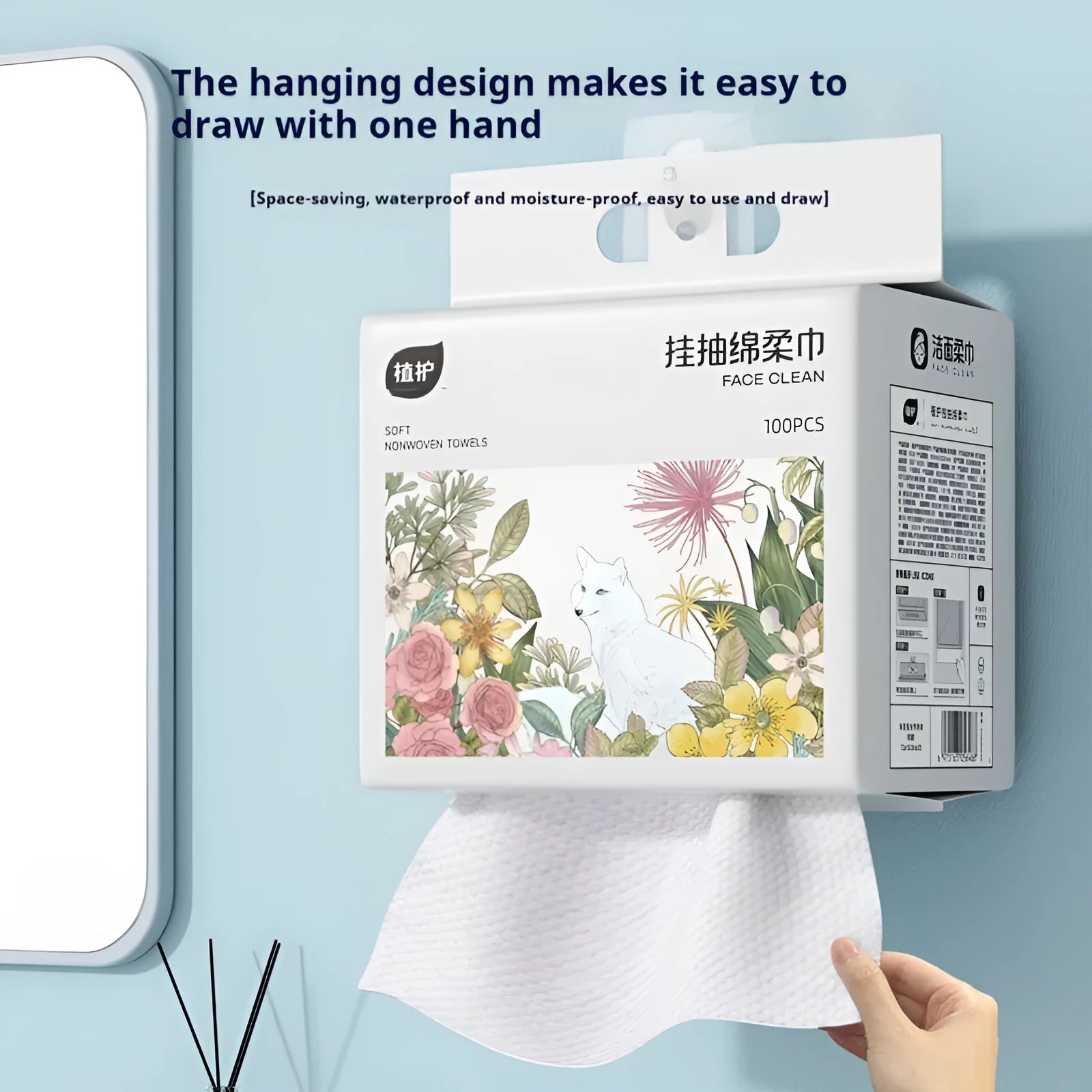 Hanging disposable face towel roll with 100 soft cloths made from viscose and polyester blend