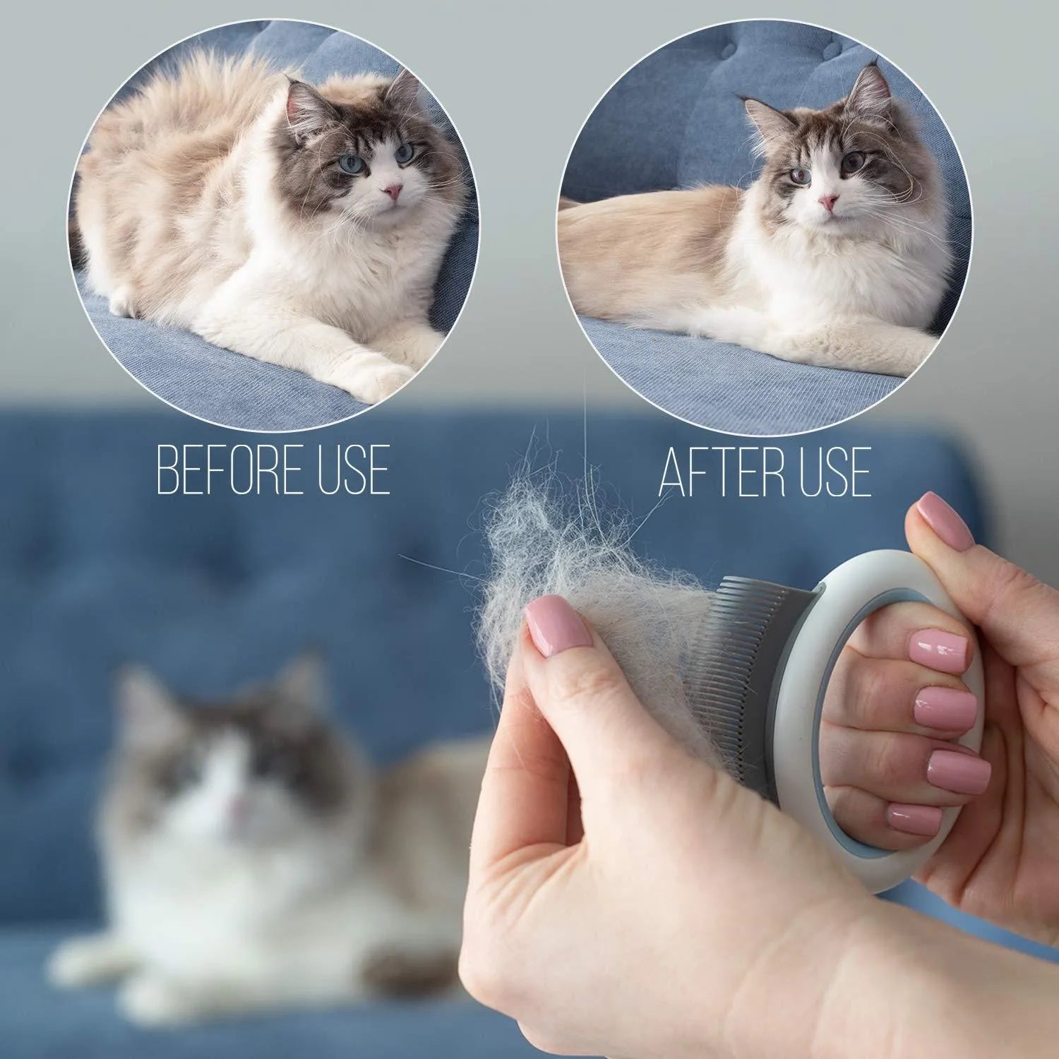 Blue, green, and pink pet grooming comb with ergonomic handle for deshedding cats and dogs.