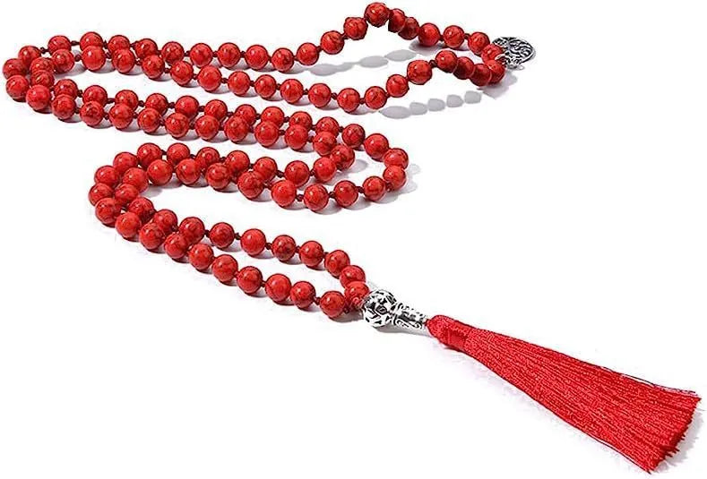 Handmade knotted natural stone bead necklace with 8mm beads in one of 12 colour options.