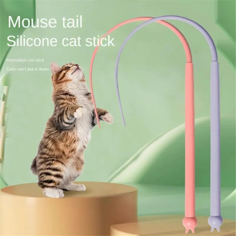 Blue cat teaser stick with silicone mouse tail and ABS handle for interactive play