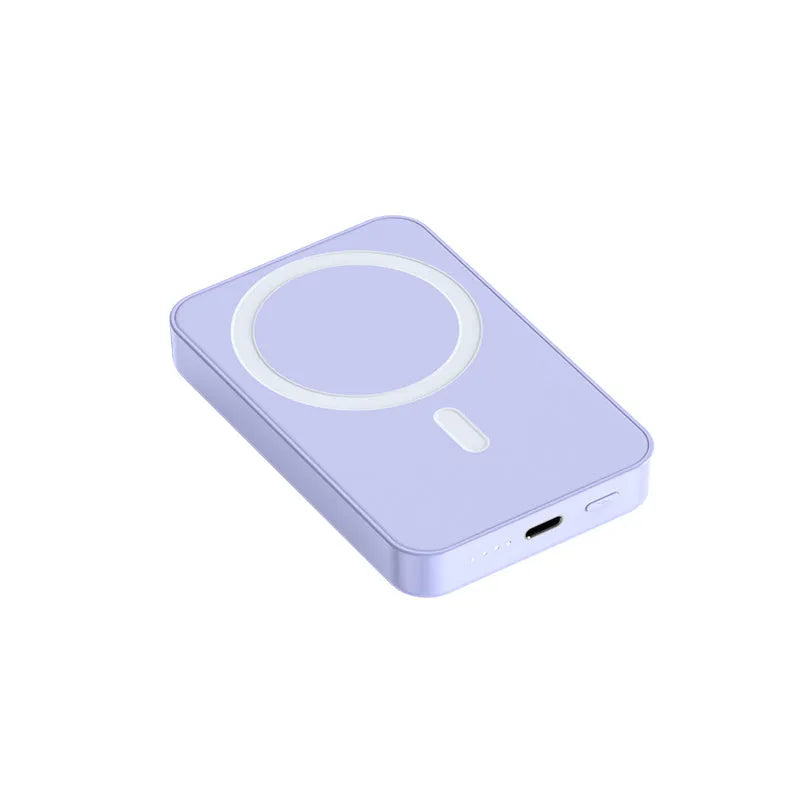 Pink, purple, or white 20000mAh magnetic wireless power bank with plastic shell, showing dimensions.