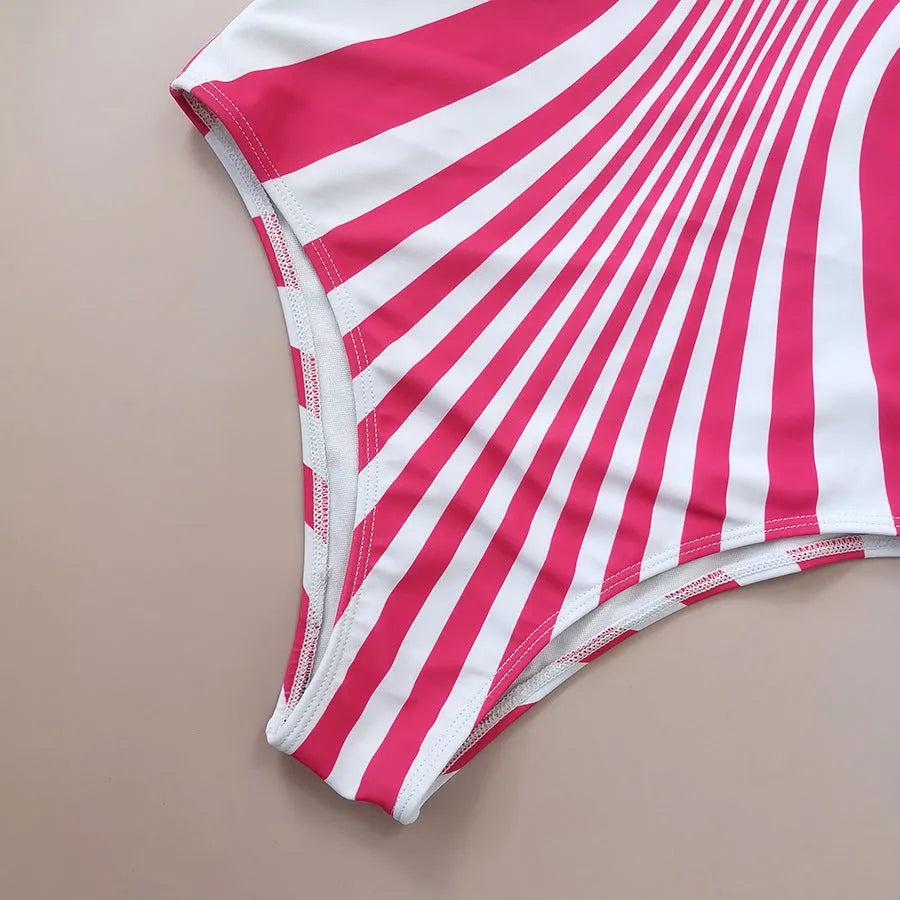 Pink striped women's one-piece swimsuit with digital printing on front and rear sections