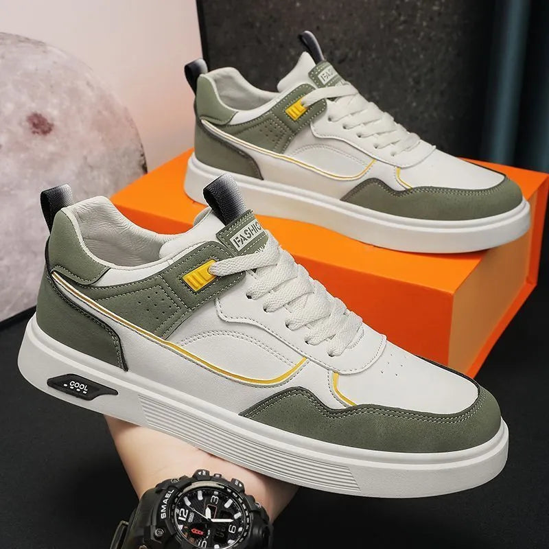 Men's low-top canvas board shoes in beige with leather stitching detail