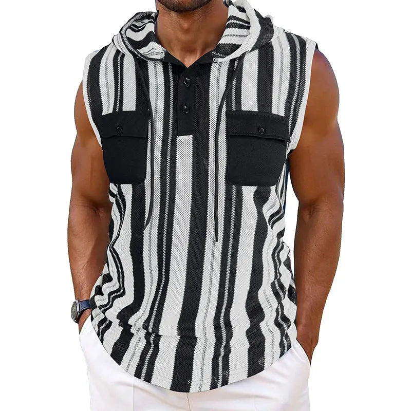Men’s striped sleeveless hooded vest in black and white stripes, polyester fabric, front pockets