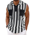 Men’s striped sleeveless hooded vest in black and white stripes, polyester fabric, front pockets