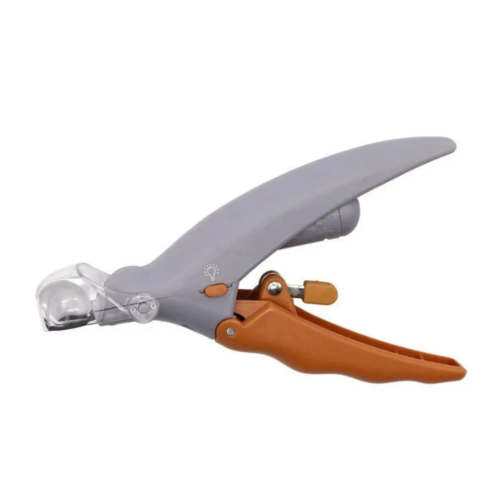 Yellow pet nail clipper with LED light and magnifying lens on a white background.