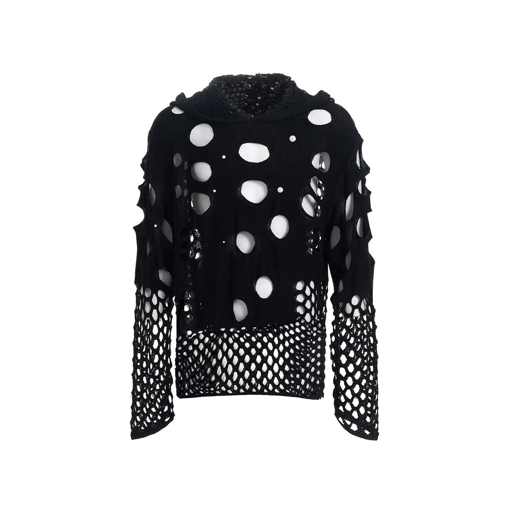 Black men's hoodie with pearl decorative details and loose fit pullover design