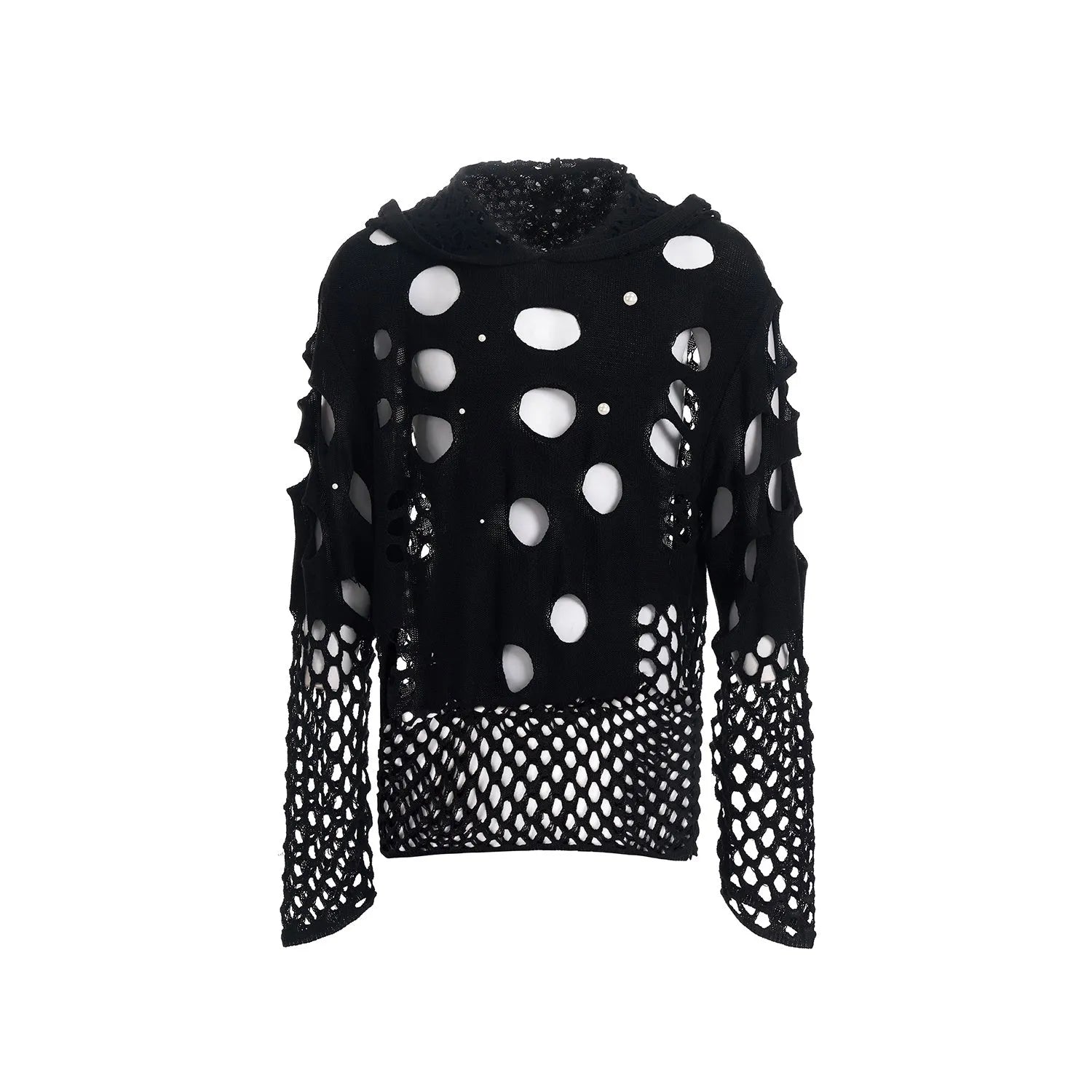 Black men's hoodie with pearl decorative details and loose fit pullover design