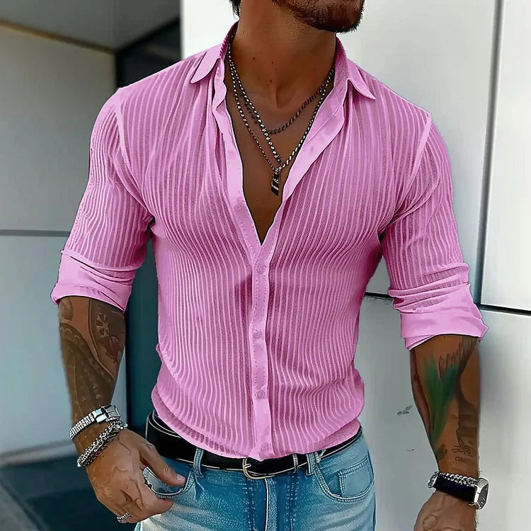 Men's striped cardigan shirt with long sleeves in loose fit British style for summer wear