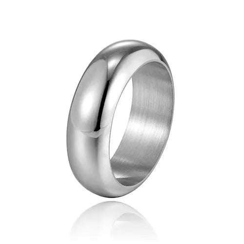 Glossy electroplated titanium steel ring in gold, black, and steel colours on a grey background.