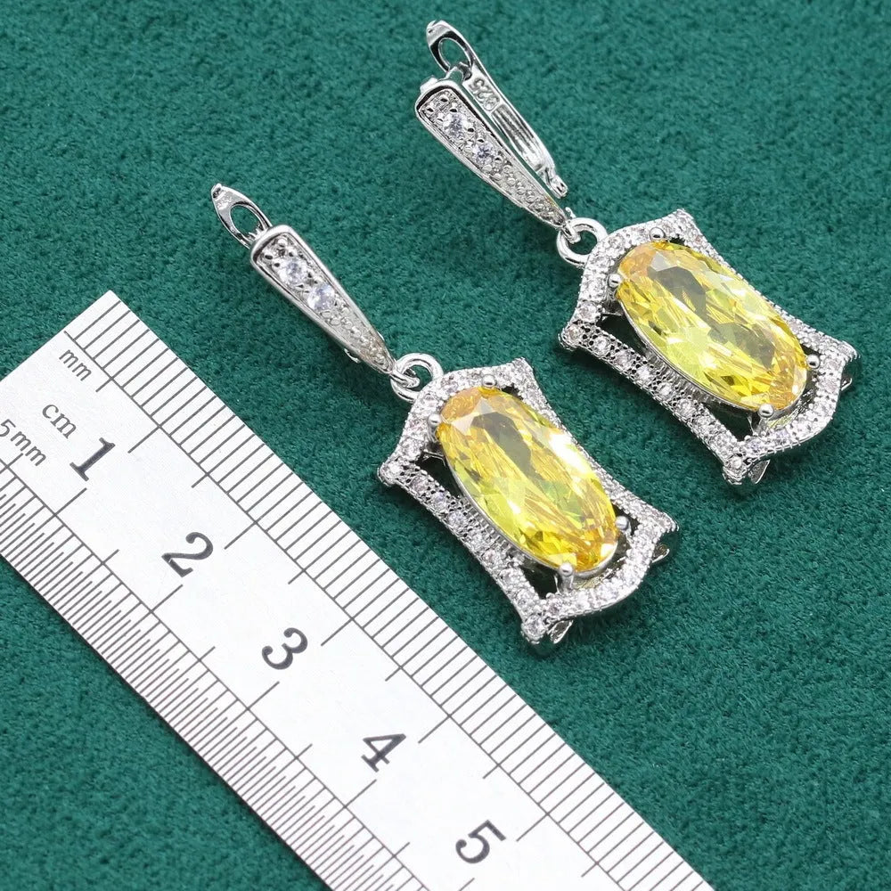 Yellow and olive anti-allergy zircon jewellery set with snake bone chain necklace, earrings, ring, and bracelet