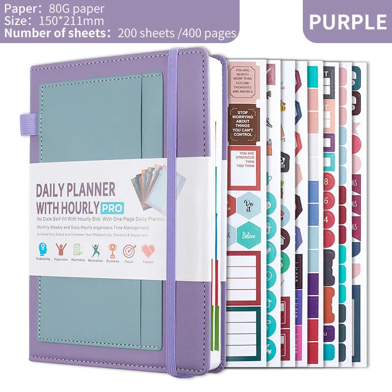 PU leather notebook with strap closure, shown open on 80g wood-free paper, available in purple, green, gray, black, pink, and orange.