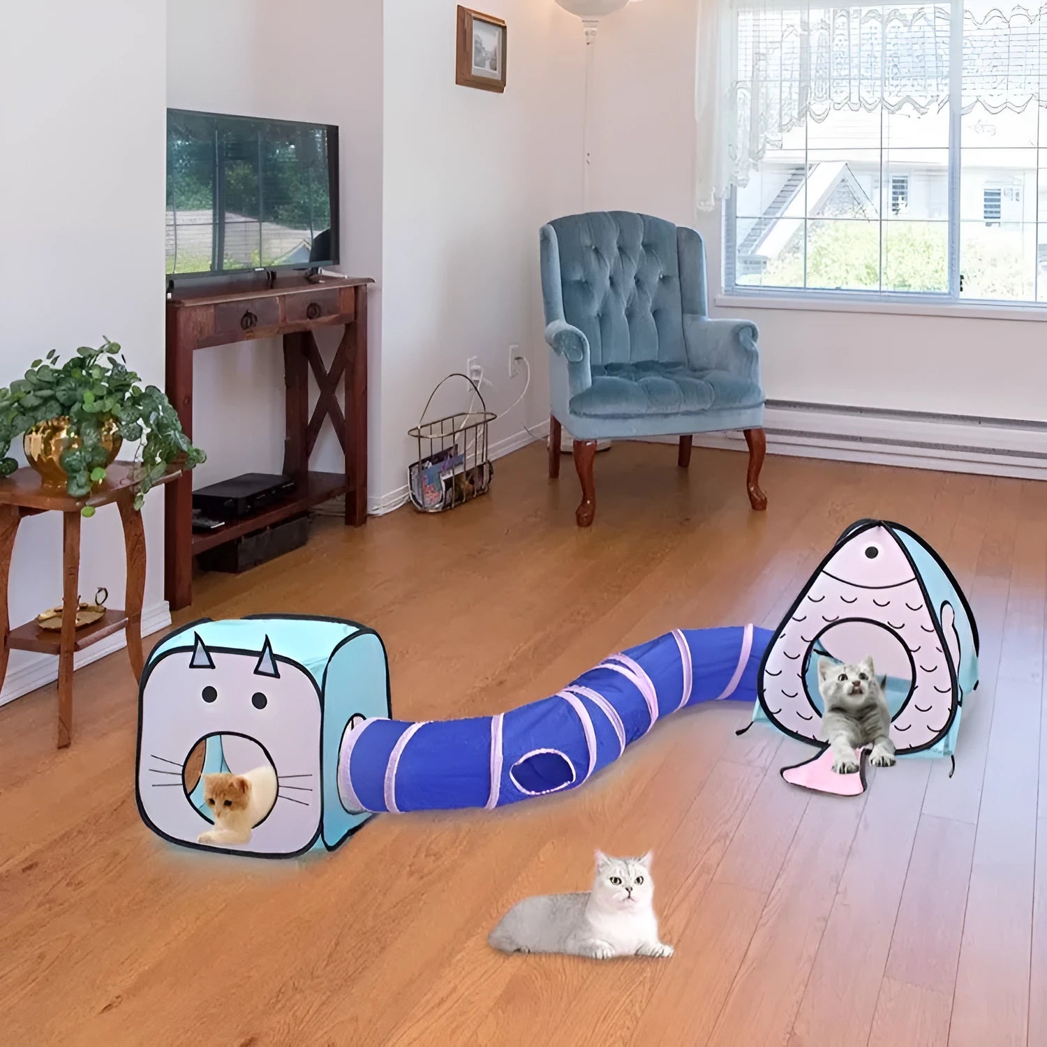 Foldable pet tent cat tunnel three-piece set with cat and fish motif design