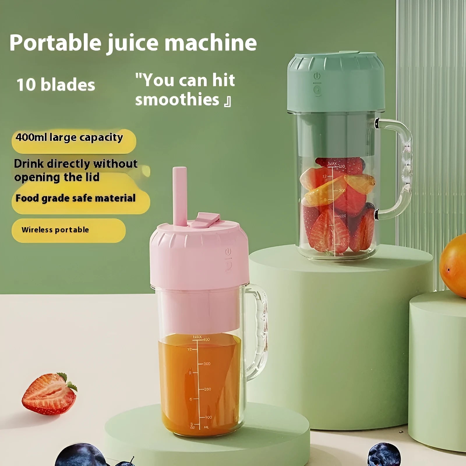 Portable USB juicer in avocado green or cherry blossom pink with a 150W motor.
